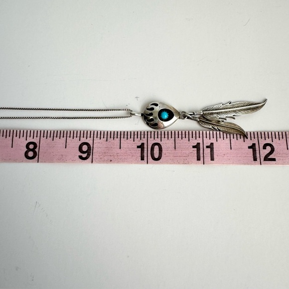 Native American Turquoise Necklace Running Bear Paw Claw Feather Sterling Silver - Picture 9 of 10